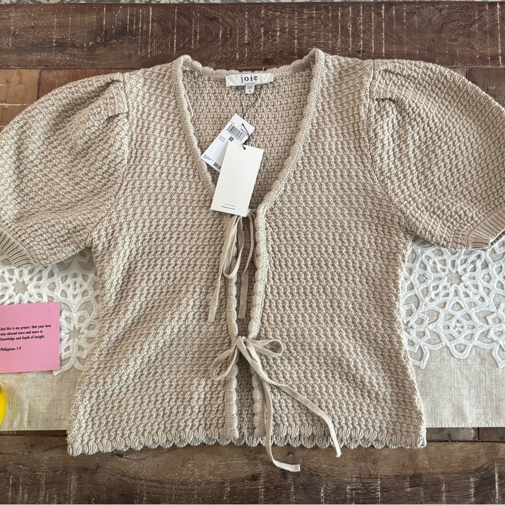 Joie Tie Front Knit Cardigan Sweater Neutral Beige Puff Sleeve Size M NWT - Picture 2 of 7